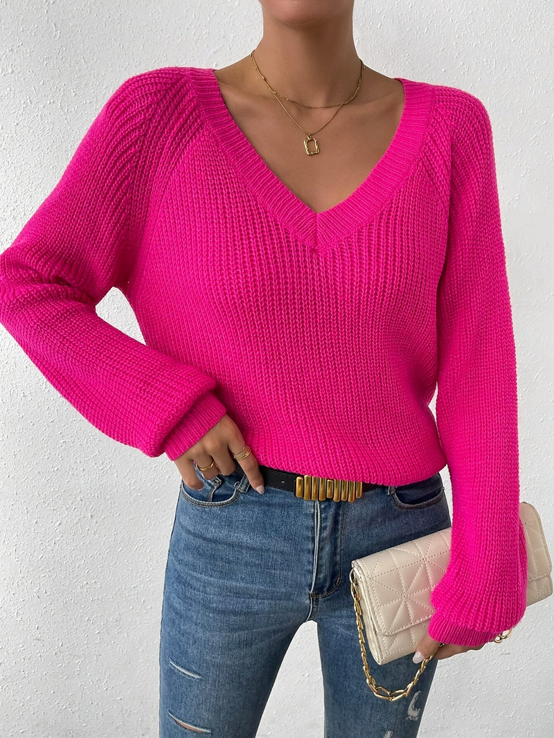Raglan Sleeve V Neck Sweater, Elegant Solid Color Sweater For Fall & Winter, Women's Clothing