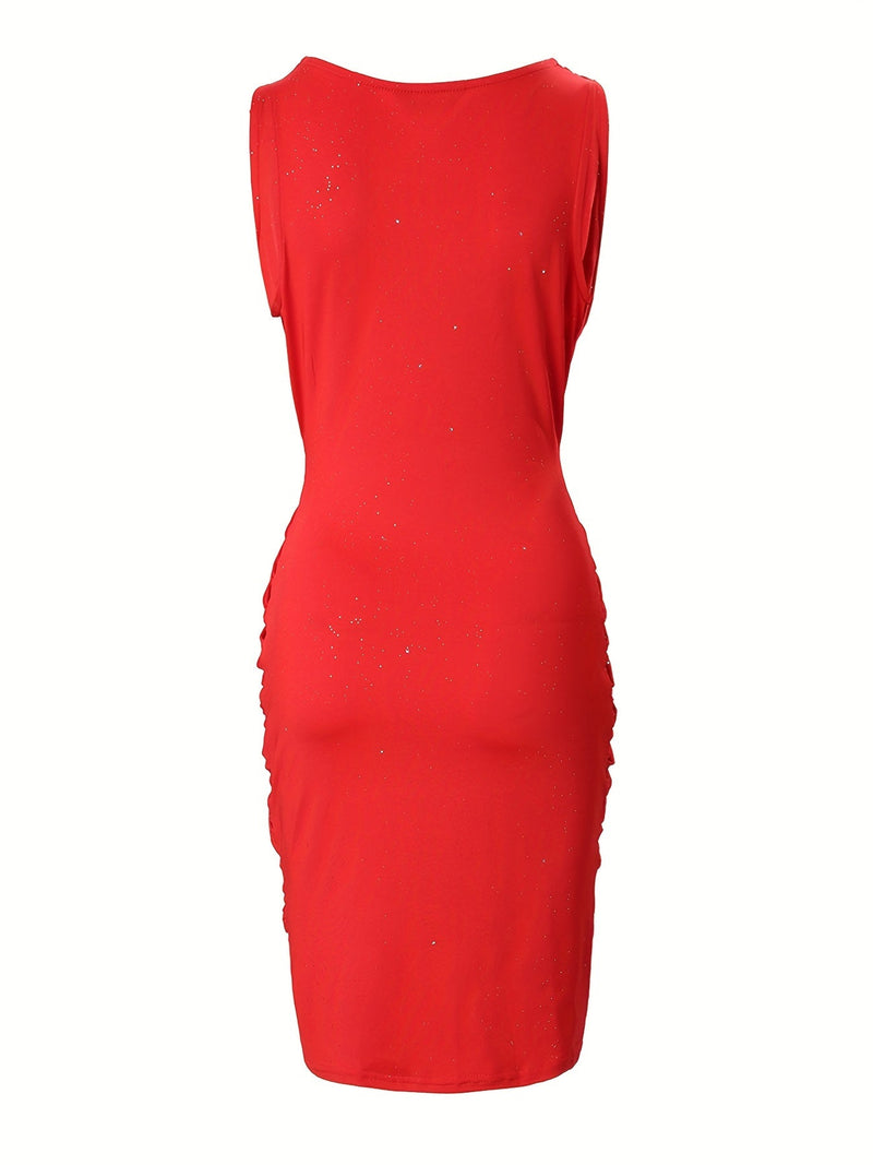 Elegant Red Sequined Sleeveless Bodycon Dress - V-Neck, Ruched Design, Polyester & Spandex Blend, Perfect for Parties & Banquets, Machine Washable