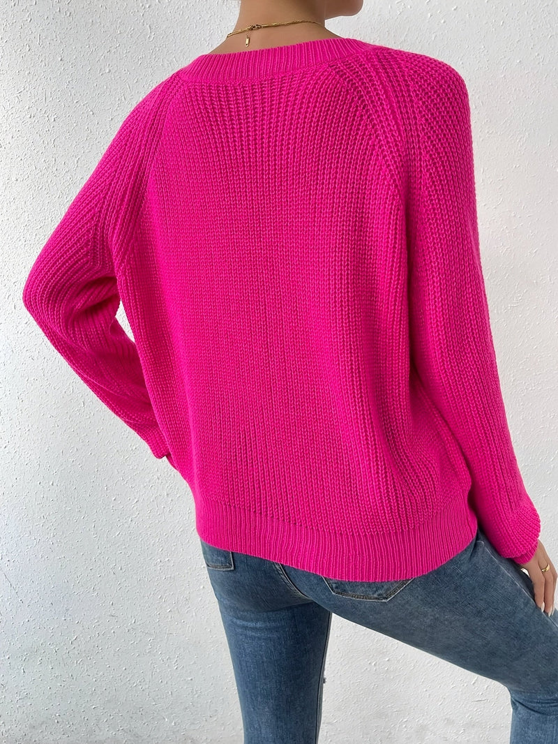 Raglan Sleeve V Neck Sweater, Elegant Solid Color Sweater For Fall & Winter, Women's Clothing