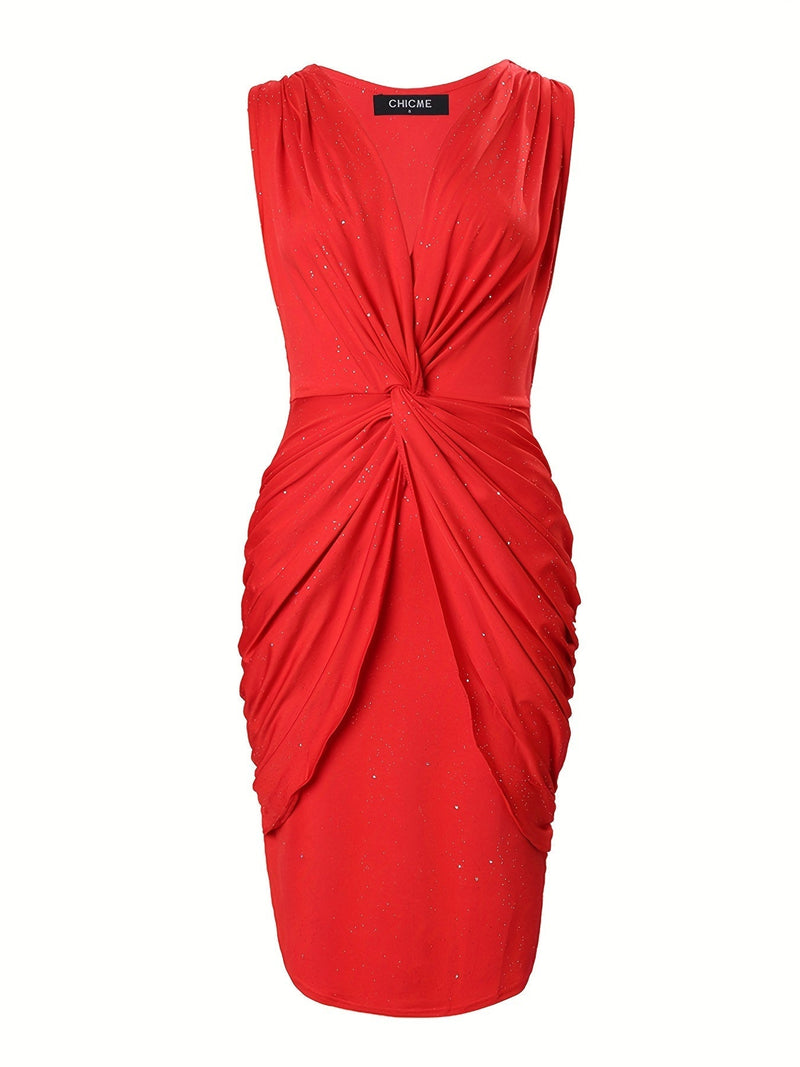 Elegant Red Sequined Sleeveless Bodycon Dress - V-Neck, Ruched Design, Polyester & Spandex Blend, Perfect for Parties & Banquets, Machine Washable