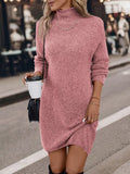 Solid Color Knitted Long Sleeve Dress, Casual Turtle Neck Sweater Dress For Winter & Fall, Women's Clothing