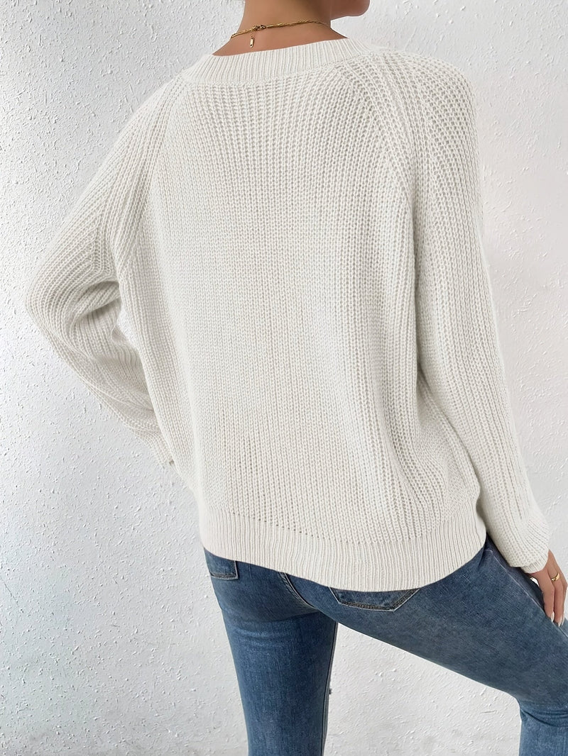 Raglan Sleeve V Neck Sweater, Elegant Solid Color Sweater For Fall & Winter, Women's Clothing