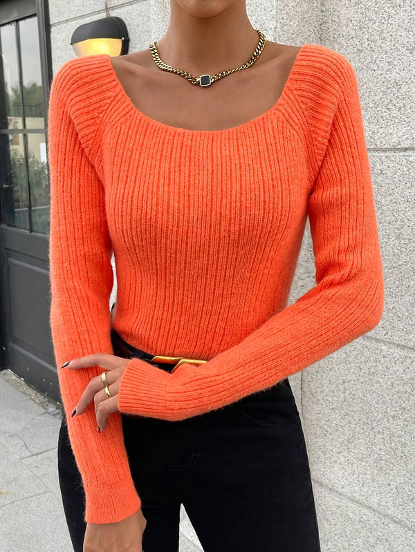 Solid Color Crew Neck Knitted Sweater, Casual Long Sleeve Drop Shoulder Pullover Sweater For Fall & Winter, Women's Clothing