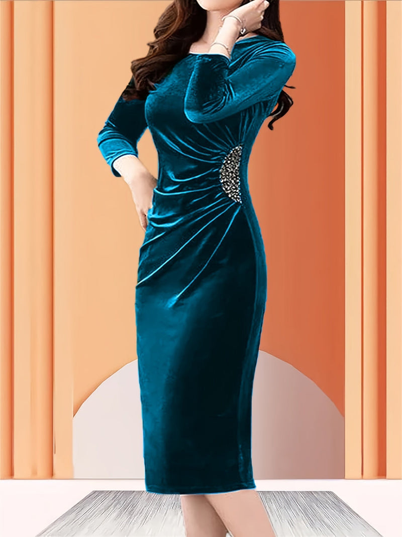 Velvet Zipper Slit Dress, Elegant Slim Fit Ruched 3/4 Sleeve Dress For Spring & Fall, Women's Clothing