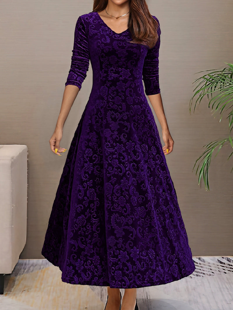 Solid Color Long Sleeve Dress, Elegant V Neck Flared Dress For Spring & Fall, Women's Clothing