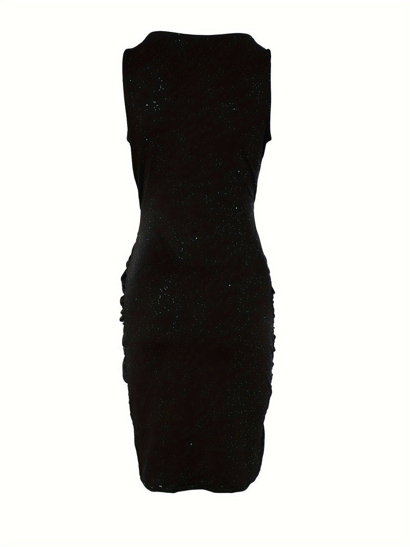Elegant Red Sequined Sleeveless Bodycon Dress - V-Neck, Ruched Design, Polyester & Spandex Blend, Perfect for Parties & Banquets, Machine Washable