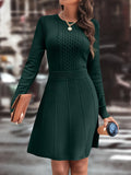 Solid Crew Neck Knitted Dress, Elegant Long Sleeve Ruffle Hem Aline Dress, Women's Clothing