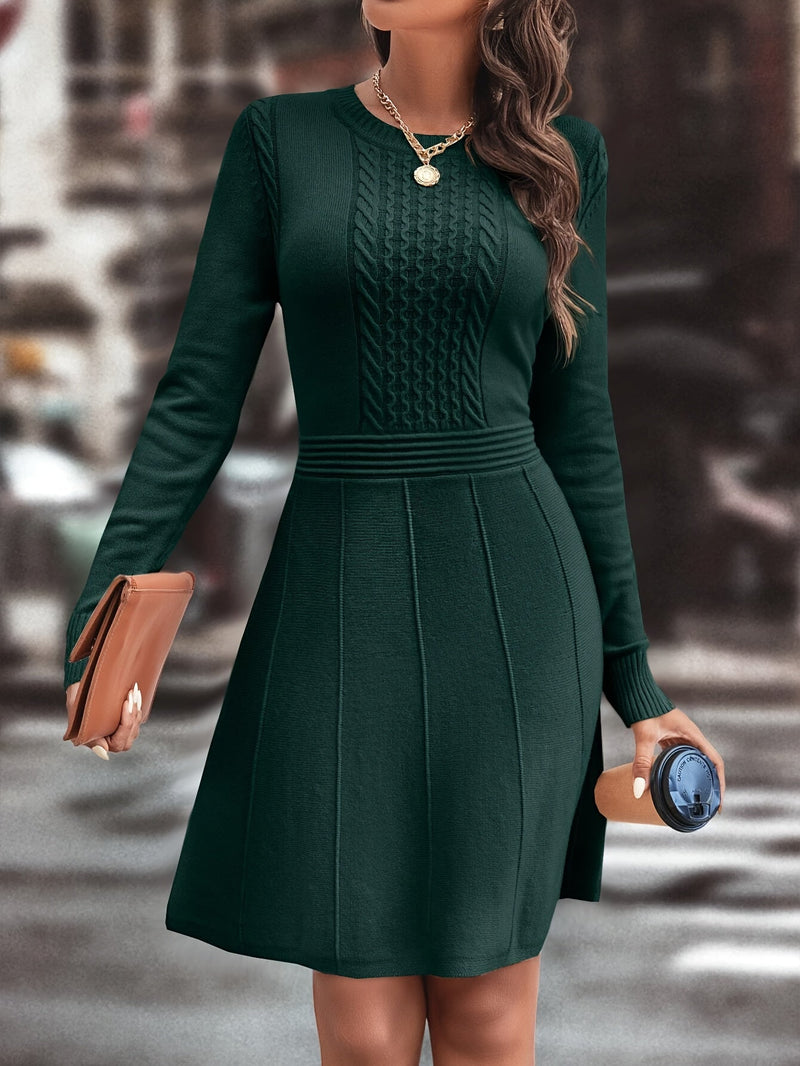 Solid Crew Neck Knitted Dress, Elegant Long Sleeve Ruffle Hem Aline Dress, Women's Clothing