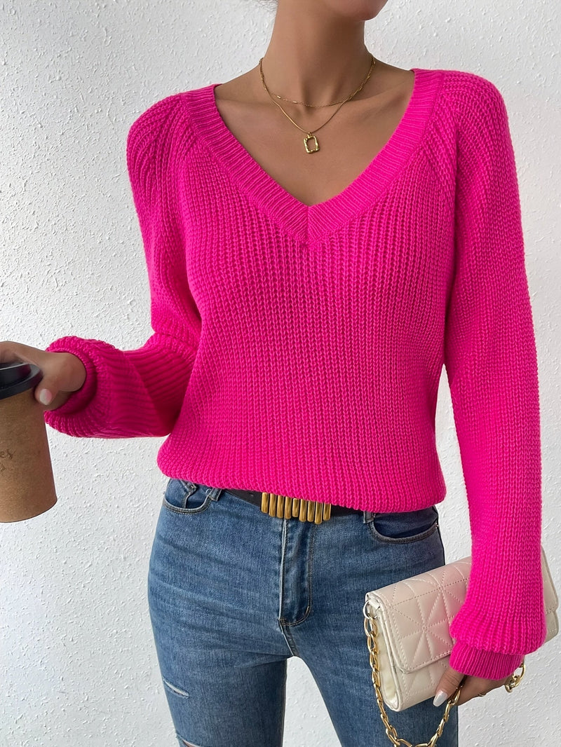 Raglan Sleeve V Neck Sweater, Elegant Solid Color Sweater For Fall & Winter, Women's Clothing