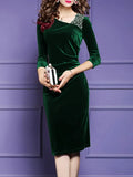 Elegant Red Velvet Midi Dress for Women with Asymmetrical Neckline and Side Zipper Slit - Long Sleeve, Knee-Length, Machine Washable