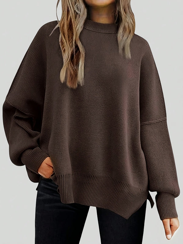 Solid Color Split Hem Knitted Sweater, Casual Long Sleeve Drop Shoulder Pullover Sweater For Fall & Winter, Women's Clothing