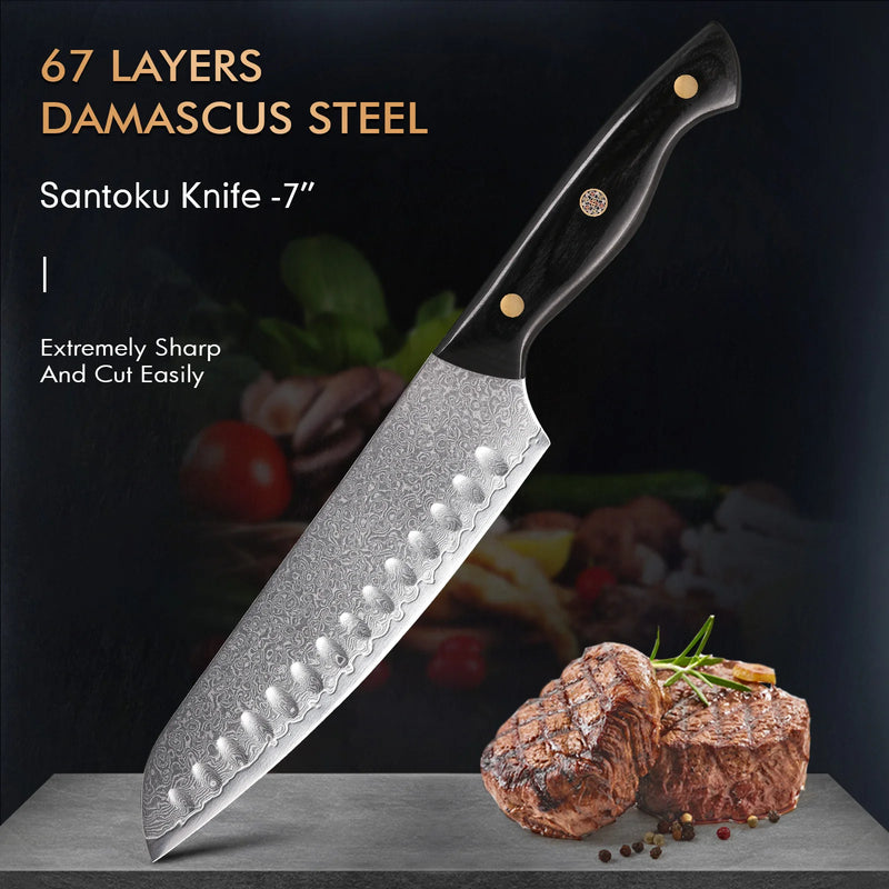 7 Inch Santoku Knife - 67 Layer Damascus Steel Kitchen Knife with VG10 Core and Pakka Handle