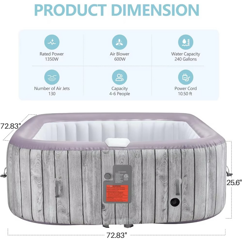 73-inch Square Inflatable Hot Tub – 4-6 Person Portable Outdoor Spa with Jets, Up to 104°F – Zella Mall™