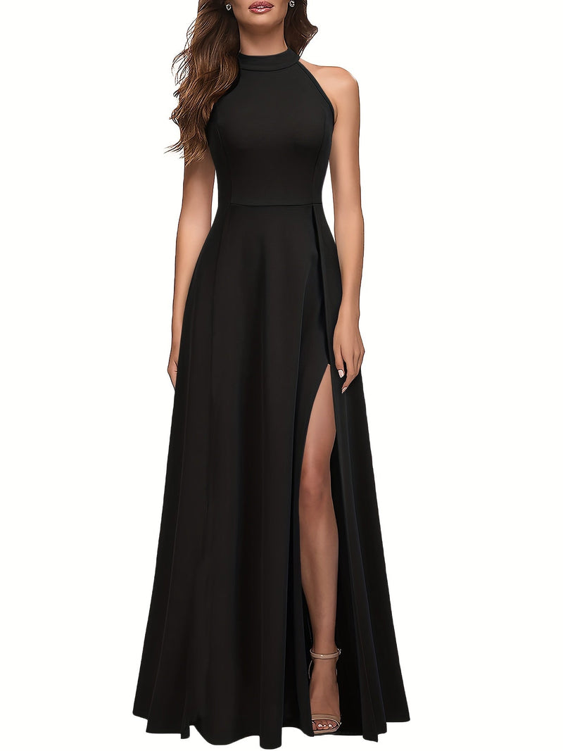 Split Thigh High Waist Maxi Dress, Elegant Sleeveless Crew Neck Dress For Party & Banquet, Women's Clothing