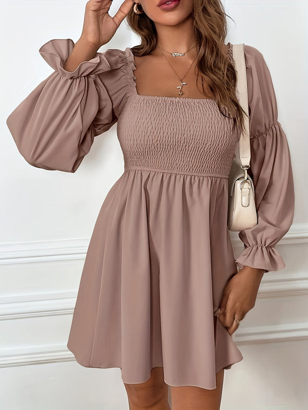 Solid Square Neck Ruffle Trim Dress, Elegant Long Sleeve Swing Dress For Spring & Fall, Women's Clothing