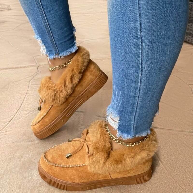 Winter Autumn Women's Casual Fur Shoes Cute Bowknot 2021 Trend Fluffy Furry Slip-on Sneakers Ladies Plush Loafers Flats Platform