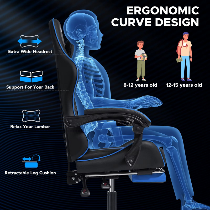 High-Back Kids Gaming Chair with Massage, Footrest & Lumbar Support – Zella Mall™