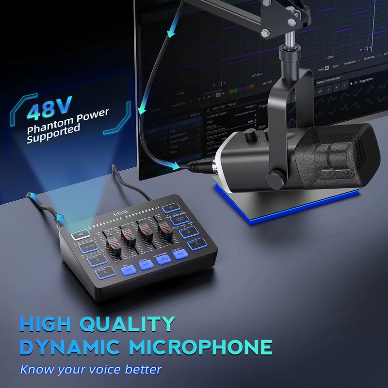 FIFINE Podcast Kit with RGB Mixer – Dynamic Mic Studio Set for Streaming & Gaming – Zella Mall™