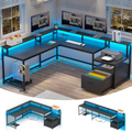 L-Shaped Office Desk 66" with File Drawer, LED Lights & Power Outlet – Includes Standing Desk Converter – Zella Mall™