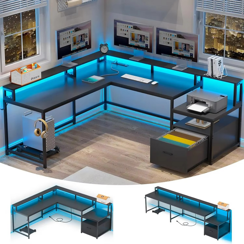 L-Shaped Office Desk 66" with File Drawer, LED Lights & Power Outlet – Includes Standing Desk Converter – Zella Mall™