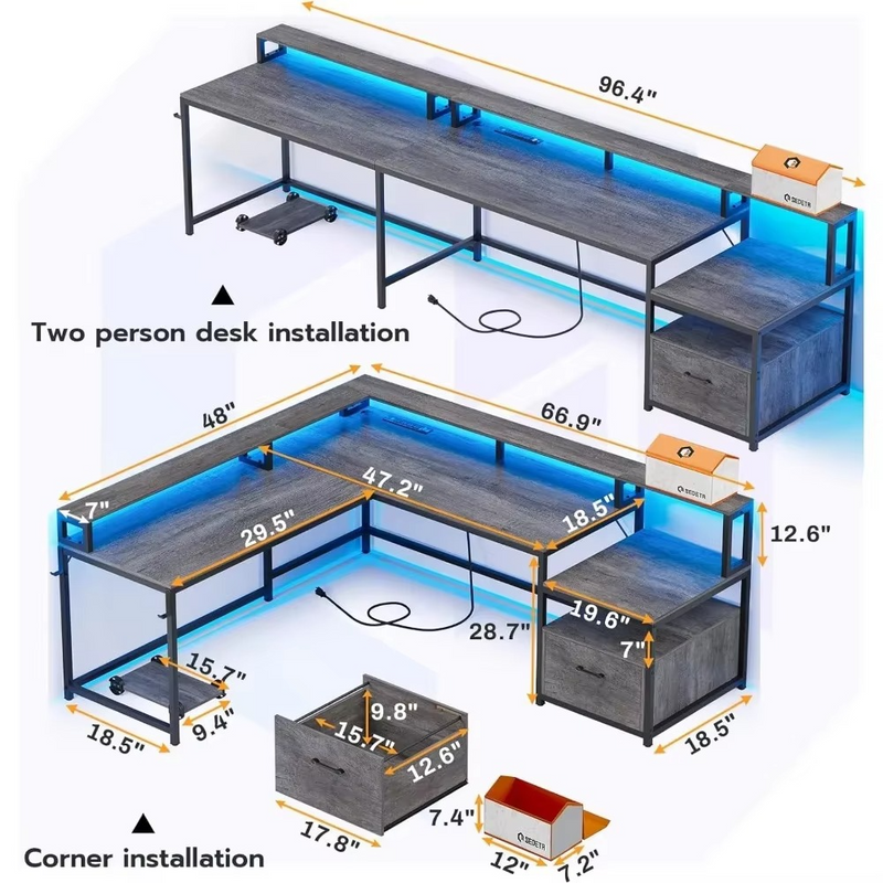 L-Shaped Office Desk 66" with File Drawer, LED Lights & Power Outlet – Includes Standing Desk Converter – Zella Mall™