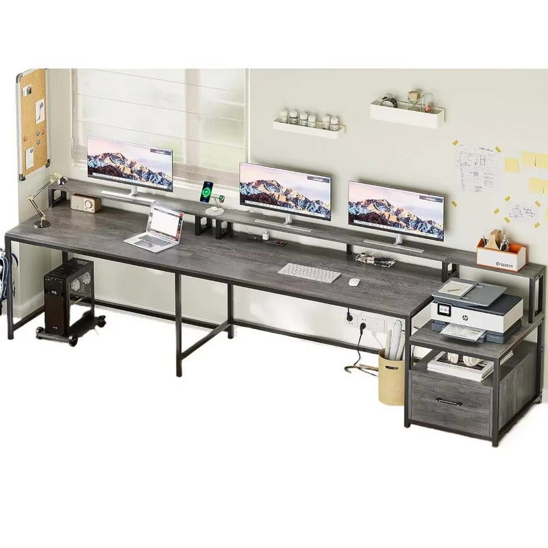 L-Shaped Office Desk 66" with File Drawer, LED Lights & Power Outlet – Includes Standing Desk Converter – Zella Mall™
