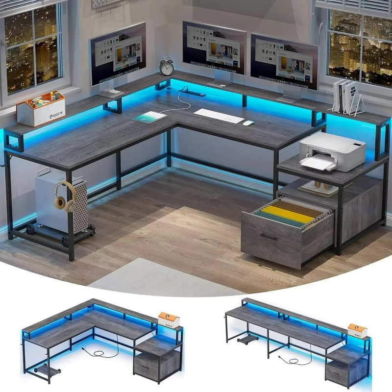 L-Shaped Office Desk 66" with File Drawer, LED Lights & Power Outlet – Includes Standing Desk Converter – Zella Mall™
