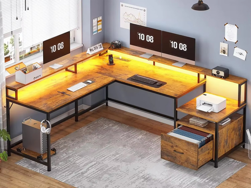 L-Shaped Office Desk 66" with File Drawer, LED Lights & Power Outlet – Includes Standing Desk Converter – Zella Mall™