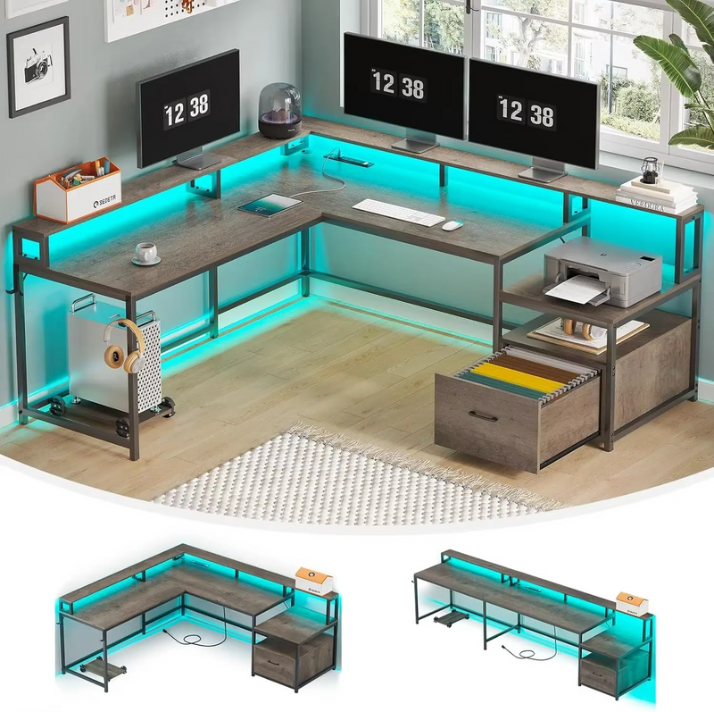 L-Shaped Office Desk 66" with File Drawer, LED Lights & Power Outlet – Includes Standing Desk Converter – Zella Mall™
