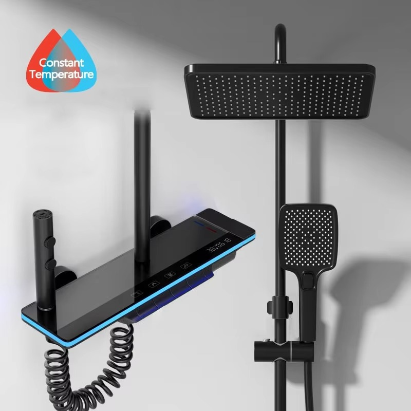 Luxury Bathroom Shower System with Lights, Smart Digital Display & Thermostat Mixer – Zella Mall™