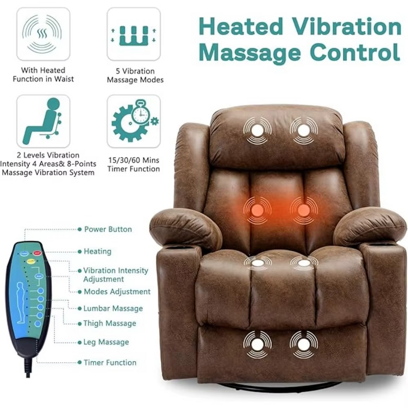 Massage Swivel Rocker Recliner with Heat & Vibration – 360° Swivel Lounge Reclining Chair – Zella Mall™
