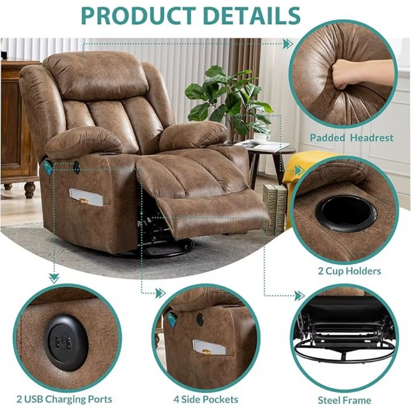 Massage Swivel Rocker Recliner with Heat & Vibration – 360° Swivel Lounge Reclining Chair – Zella Mall™