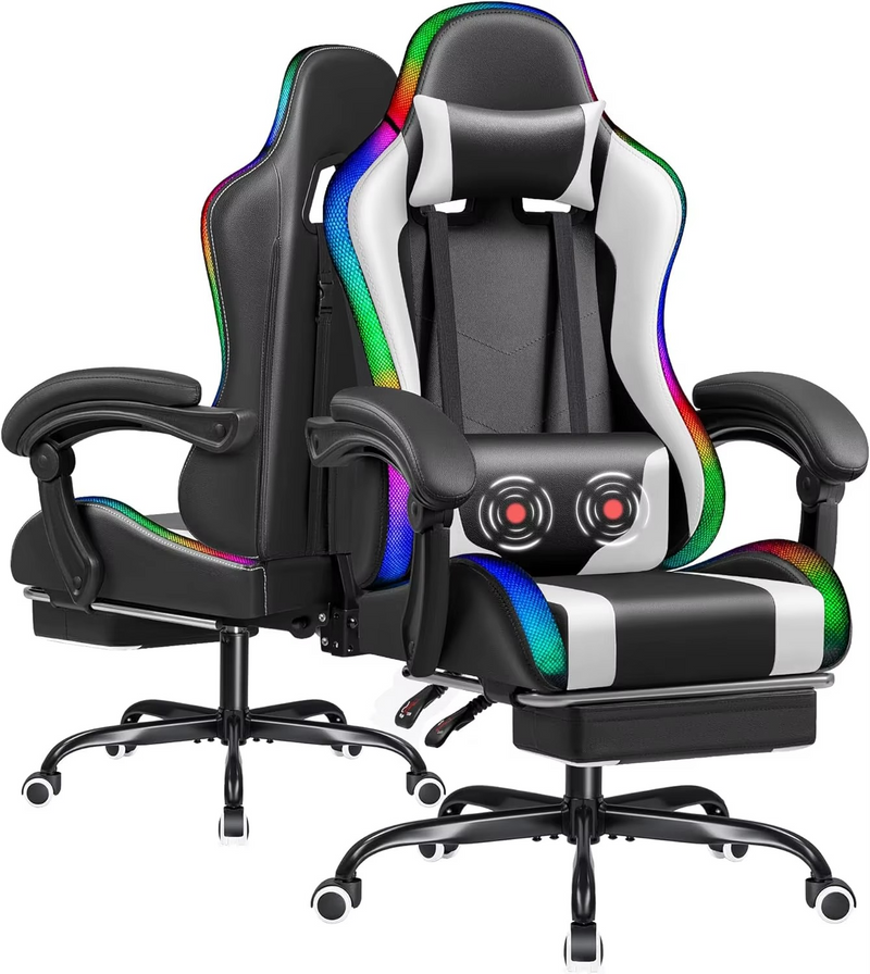 RGB Gaming Chair with LED Lights, Massage Lumbar Support & Footrest – Zella Mall™