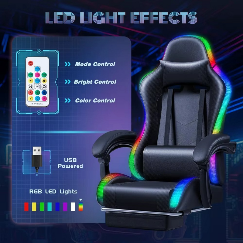 RGB Gaming Chair with LED Lights, Massage Lumbar Support & Footrest – Zella Mall™