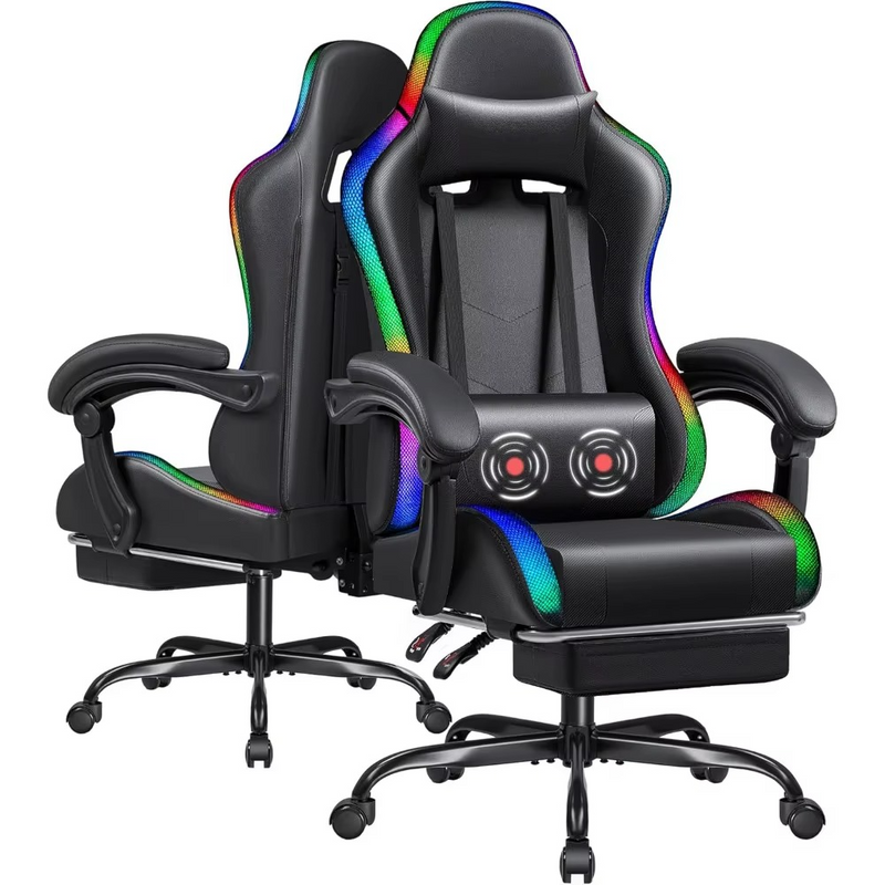 RGB Gaming Chair with LED Lights, Massage Lumbar Support & Footrest – Zella Mall™
