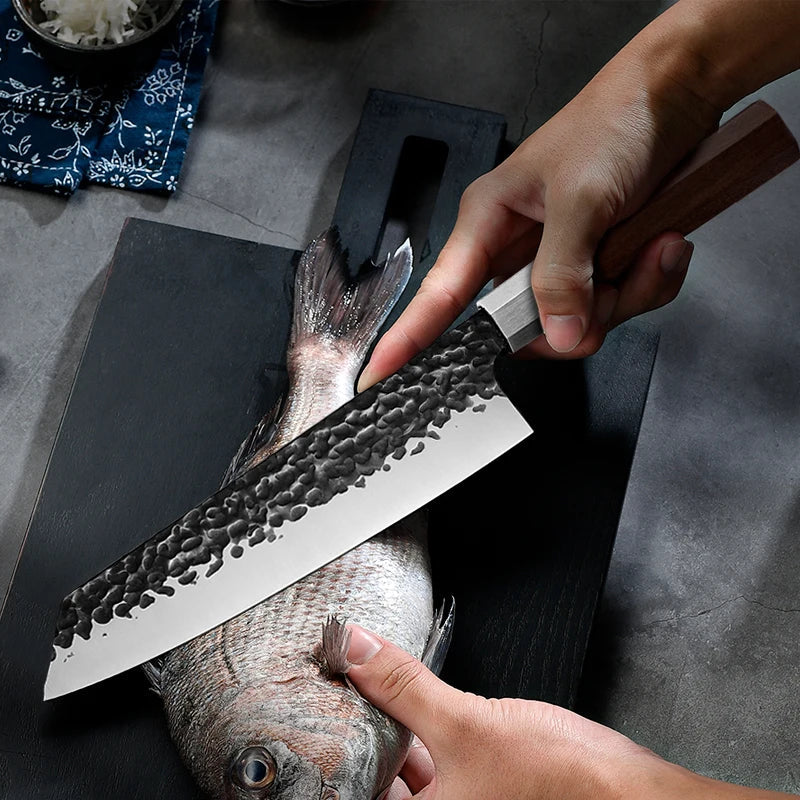 8 Inch Handmade Chef Knife Japanese Kitchen Knives Kiritsuke PRO Slicing Cooking Tools African Wood Handle Gift Box GRANDSHARP