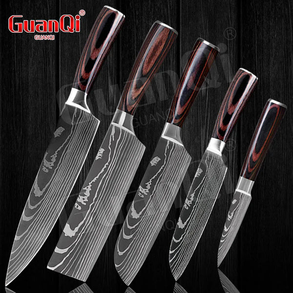 Kitchen Knives set 1-5pcs Laser Damascus Pattern knives Sharp Santoku Cleaver Slicing Utility Knives Cutter Japanese Chef Knife