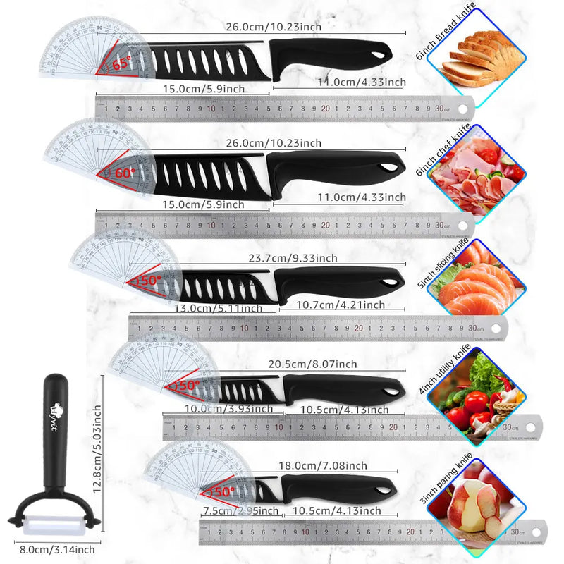 Ceramic Knife Set of Kitchen Knives 3 4 5 6 Inch Sharp Serrated Bread Chef Utility Slicer Fruit Peeler White Blade with Sheaths