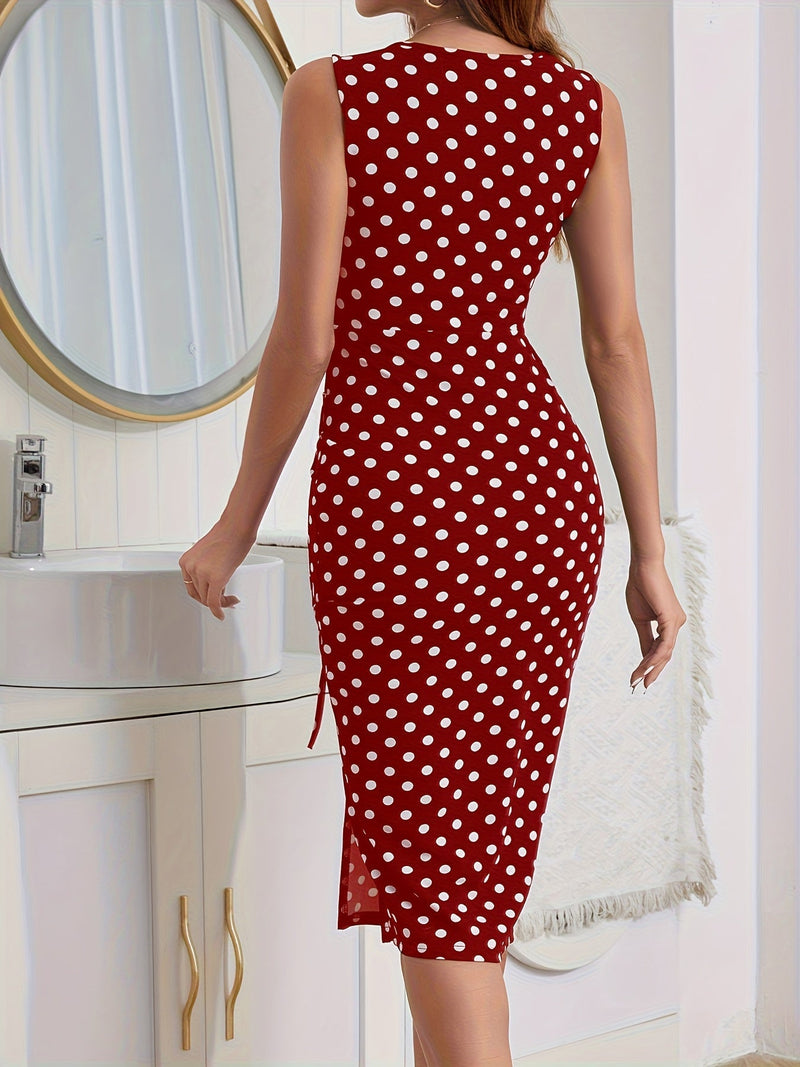 Polka Dot Drawstring Split Dress, Elegant Sweetheart Neck Ruched Sheath Sleeveless Tank Dress, Women's Clothing