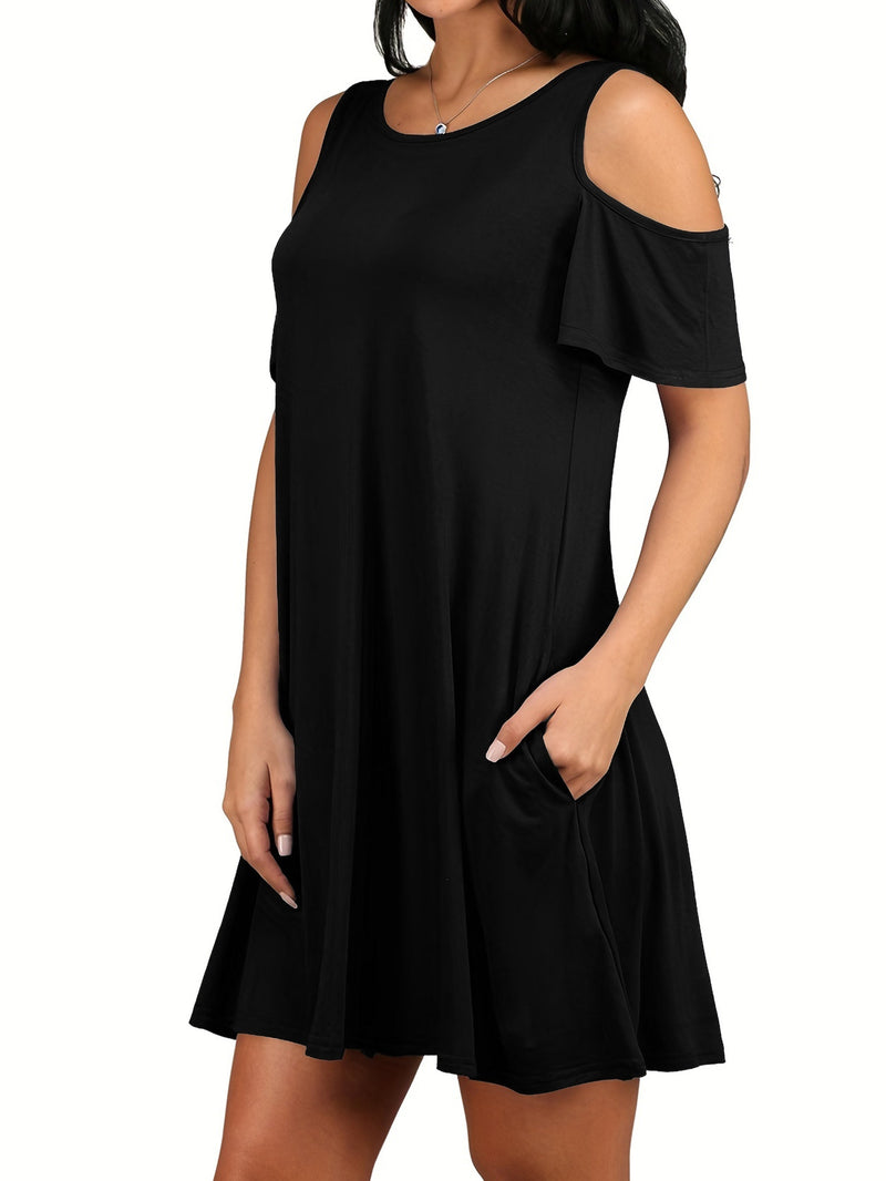 Solid Cold Shoulder Dress, Casual Crew Neck Short Sleeve Dress With Pockets, Women's Clothing