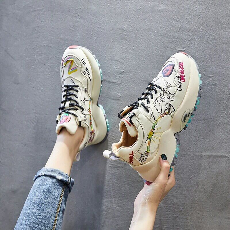 women Nevada Genuine Leather Chunky Sneakers Graffiti Fashion Platform Casual Shoes Ladies