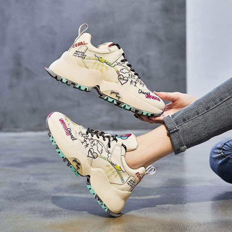 women Nevada Genuine Leather Chunky Sneakers Graffiti Fashion Platform Casual Shoes Ladies