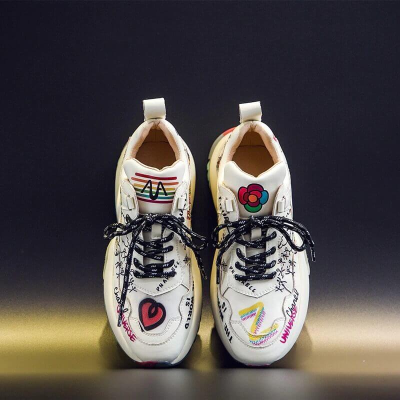 women Nevada Genuine Leather Chunky Sneakers Graffiti Fashion Platform Casual Shoes Ladies