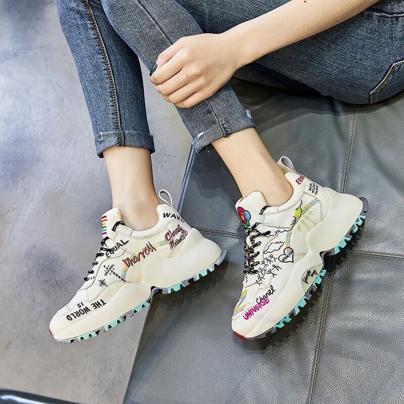 women Nevada Genuine Leather Chunky Sneakers Graffiti Fashion Platform Casual Shoes Ladies