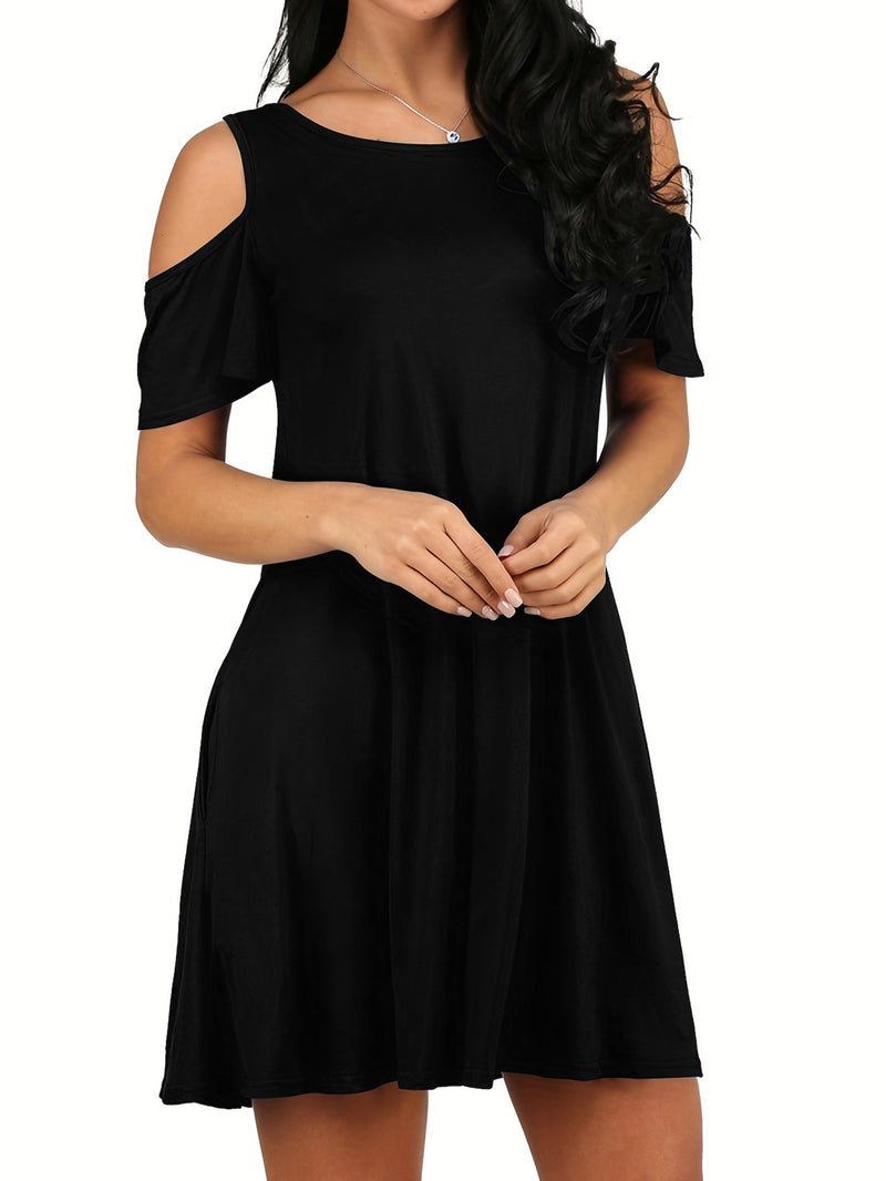 Solid Cold Shoulder Dress, Casual Crew Neck Short Sleeve Dress With Pockets, Women's Clothing