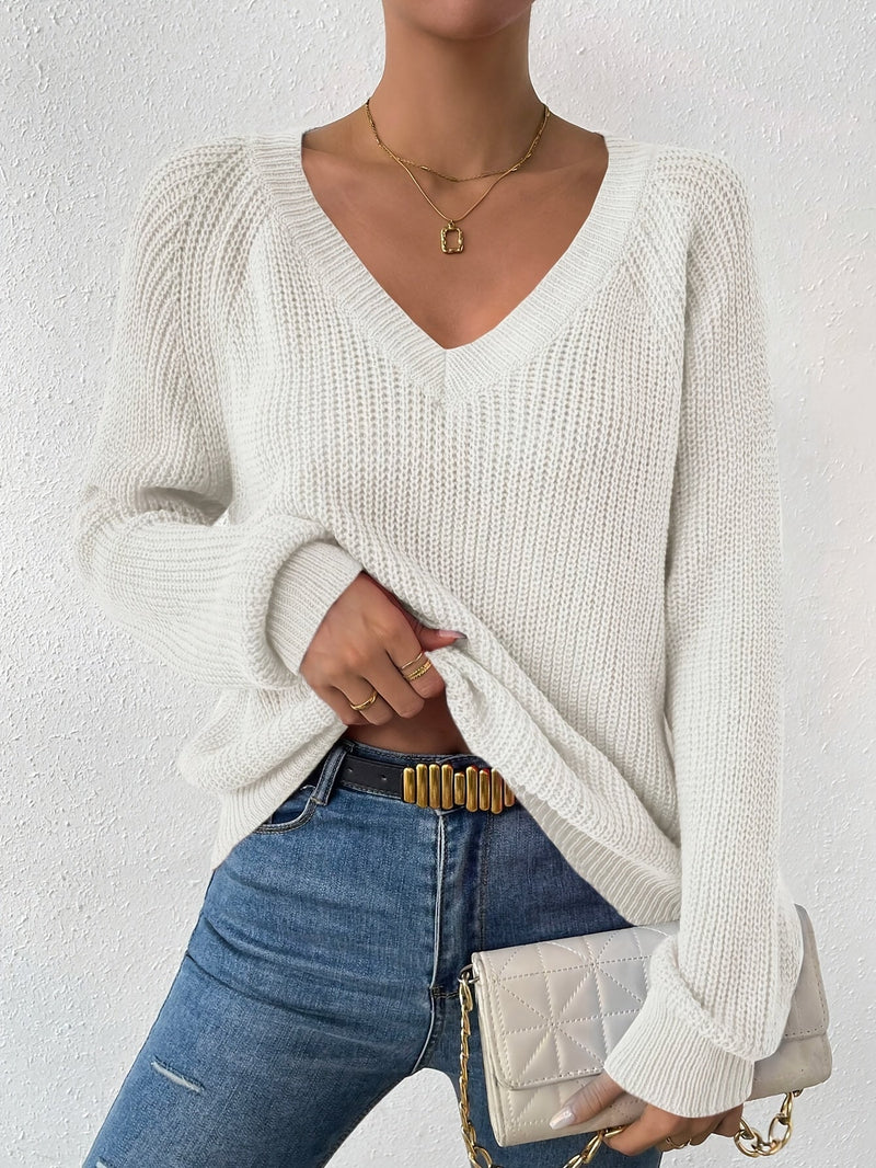 Raglan Sleeve V Neck Sweater, Elegant Solid Color Sweater For Fall & Winter, Women's Clothing