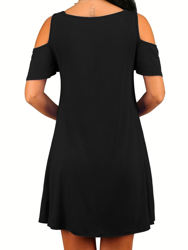 Solid Cold Shoulder Dress, Casual Crew Neck Short Sleeve Dress With Pockets, Women's Clothing
