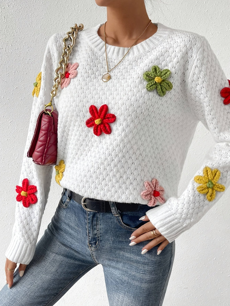 Floral Design Crew Neck Knitted Sweater, Casual Long Sleeve Drop Shoulder Pullover Sweater For Fall & Winter, Women's Clothing