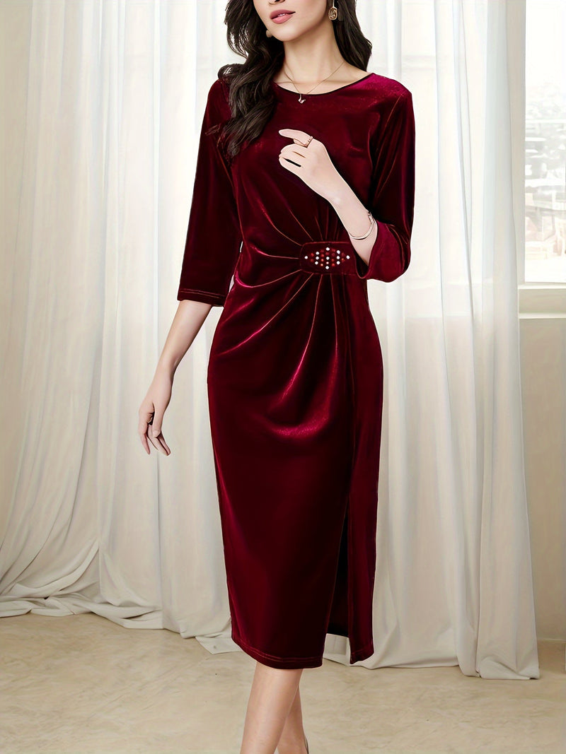 Elegant Burgundy Velvet Midi Dress for Women with Sparkling Rhinestone Detail - Crew Neck, Half Sleeve, Zip-Up, Form-Fitting Design, Machine Washable