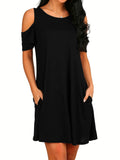 Solid Cold Shoulder Dress, Casual Crew Neck Short Sleeve Dress With Pockets, Women's Clothing